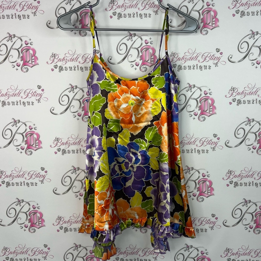La SENZA baby doll mini dress tank Floral Camisole Purple, Orange Green ruffle - Picture 2 of 7